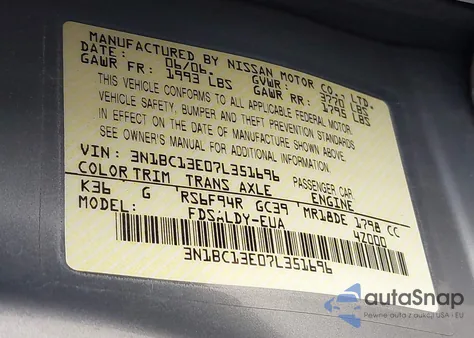 2007 Nissan Versa 1.8S from USA, damaged, VIN 3N1BC13E07L351696